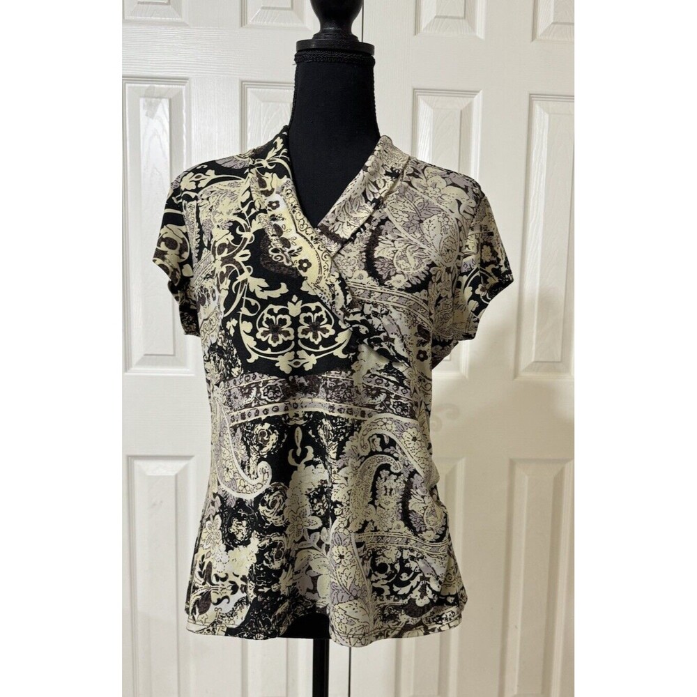 Cato Womens Blouse Shirt Wrap V Neck Sexy Slim Fit Floral Top Career Work- Sz L